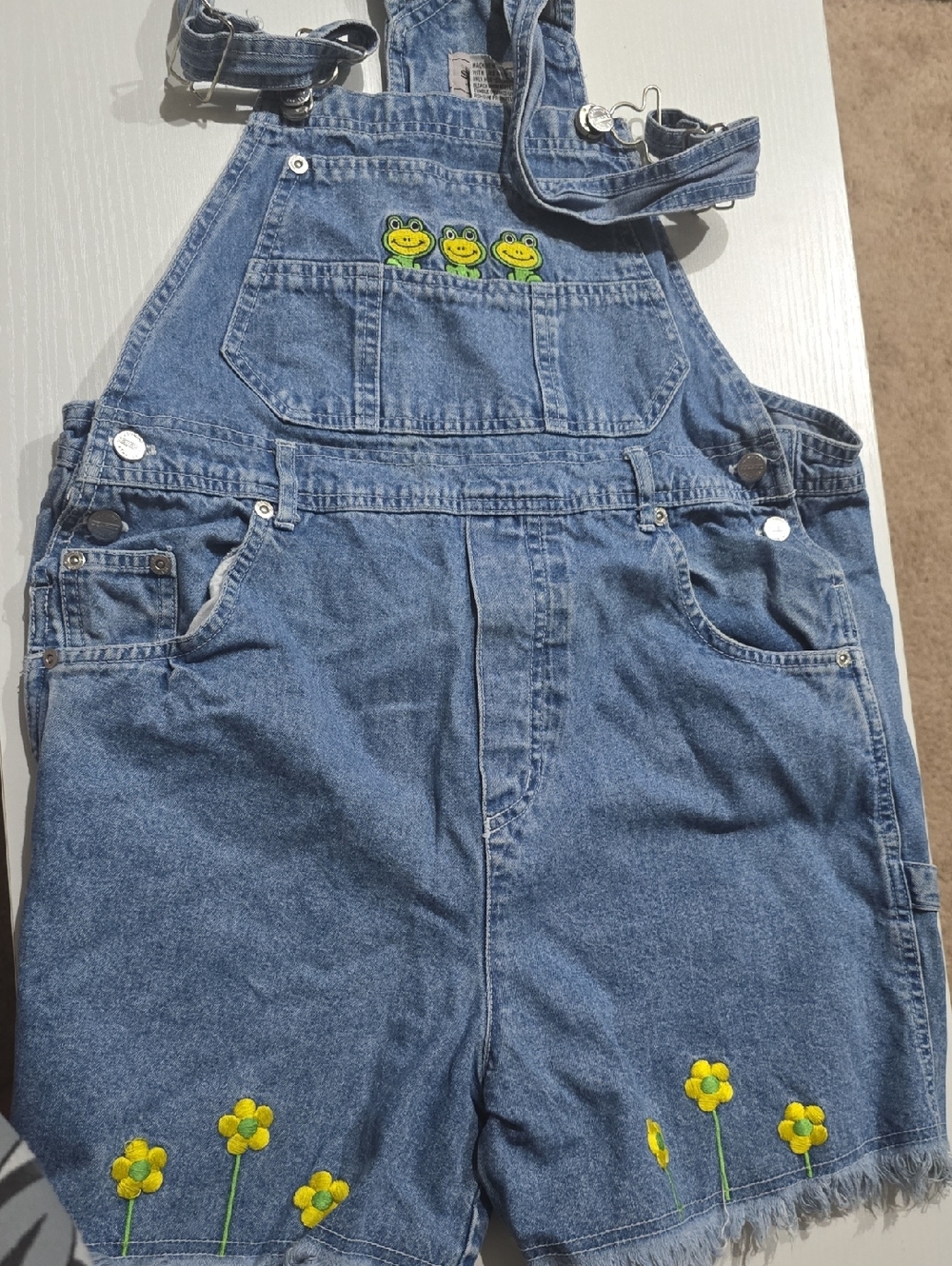Vintage Y2k Sonoma Girls Denim Jean Embroidered Frog Overalls. XL EUC